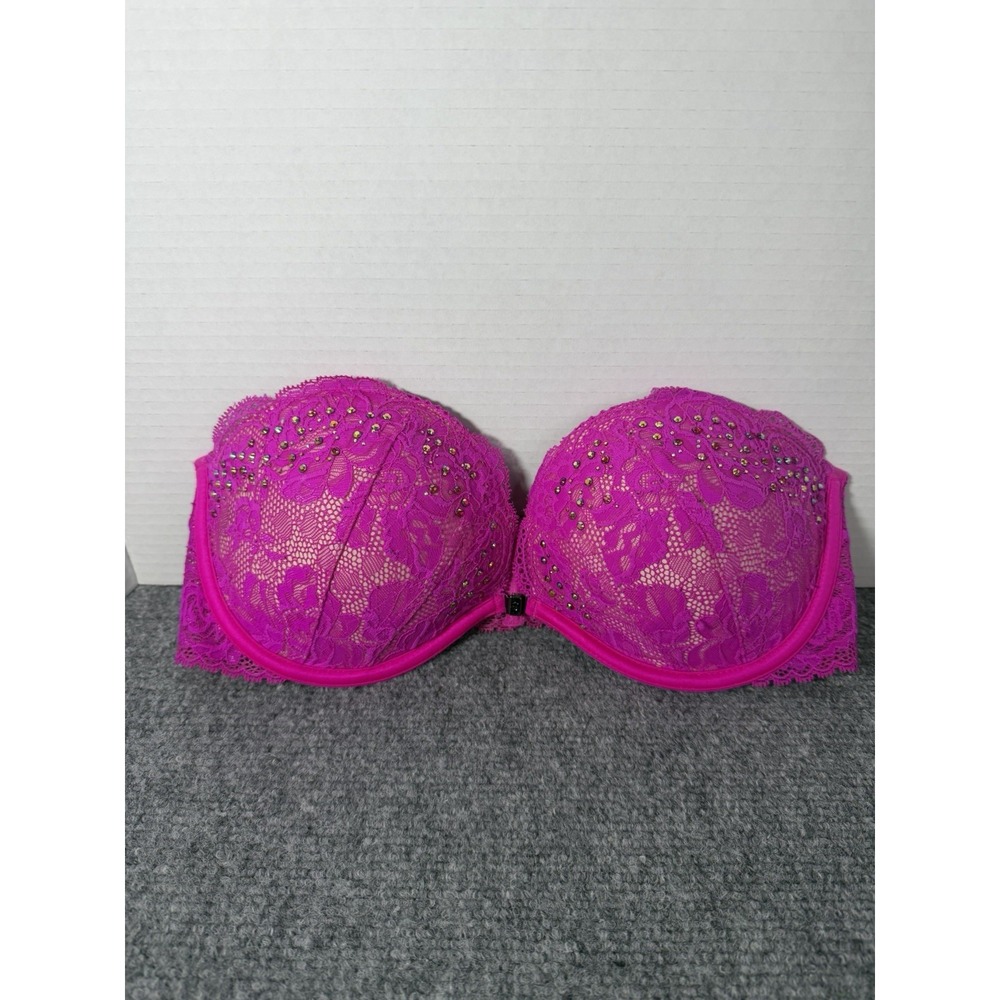 Victoria's  Secret‎ Padded Strapless Hot Pink Rhinestones Lace 32D Bra